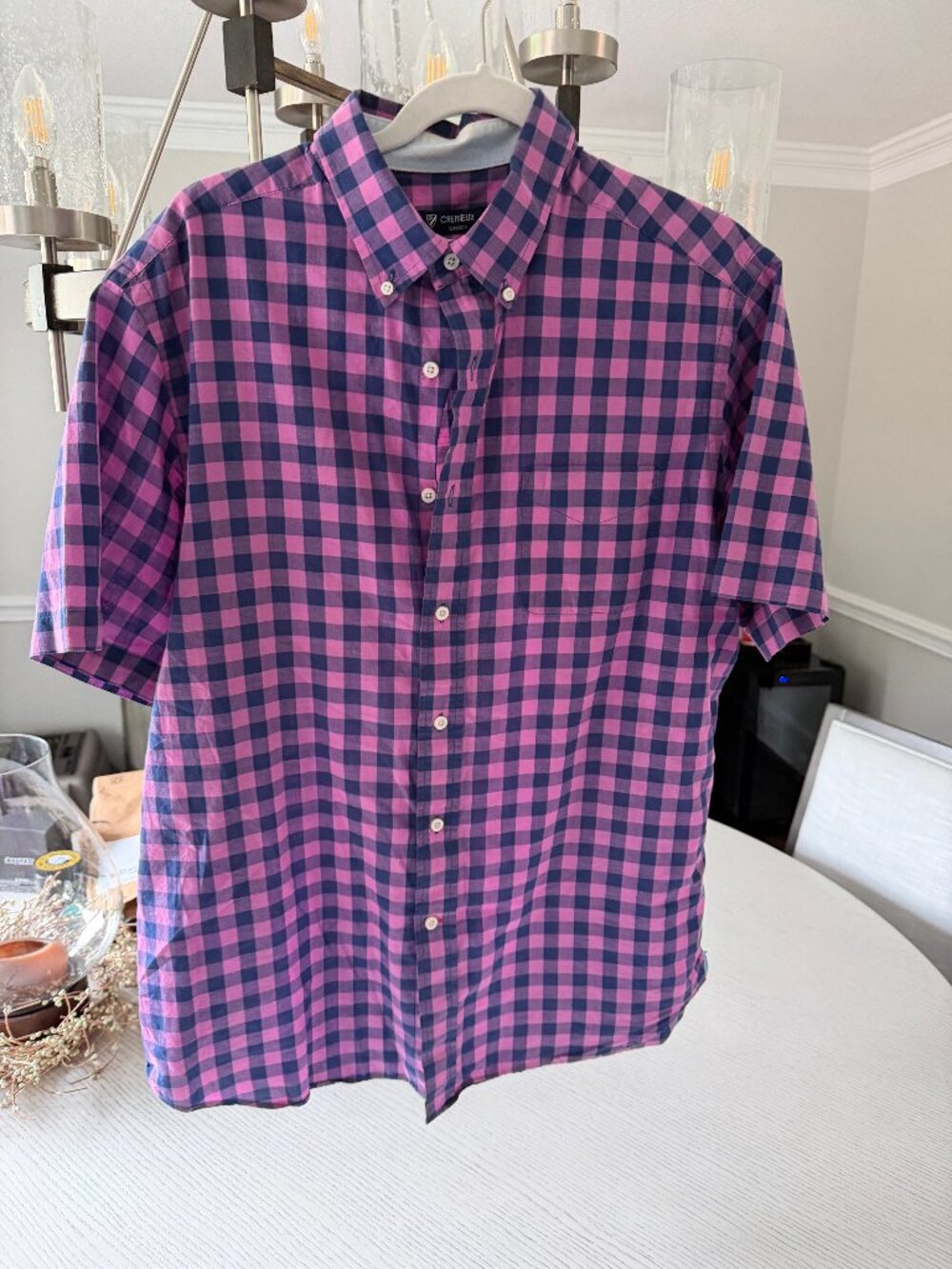 Cremieux Classics Short Sleeve Button Down Shirt Pink Navy Gingham Men's L